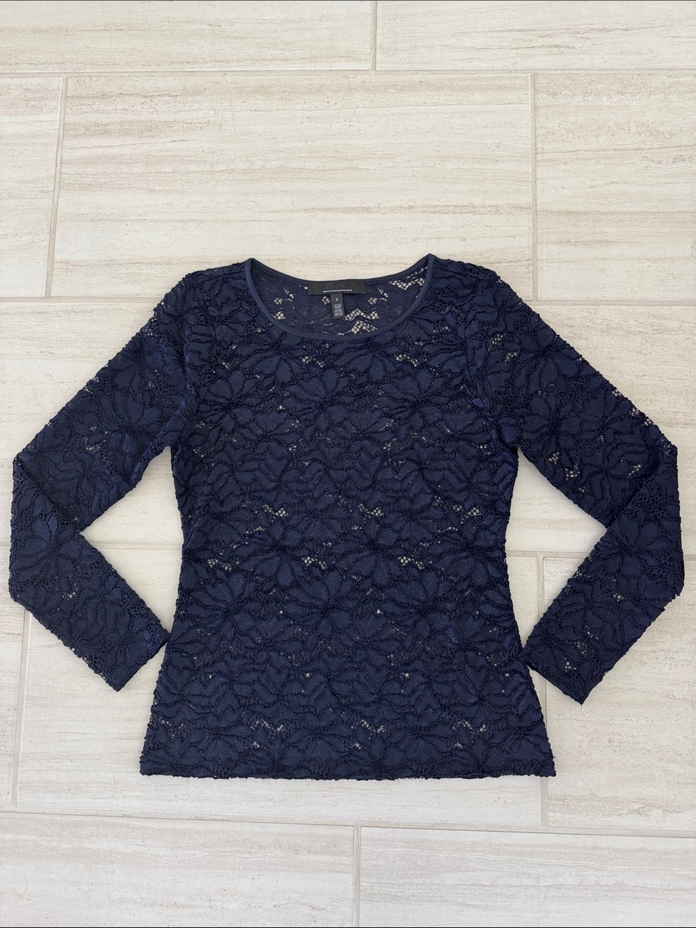 White House Black Market Lace Long-Sleeve Scoop Neck Top - Navy
